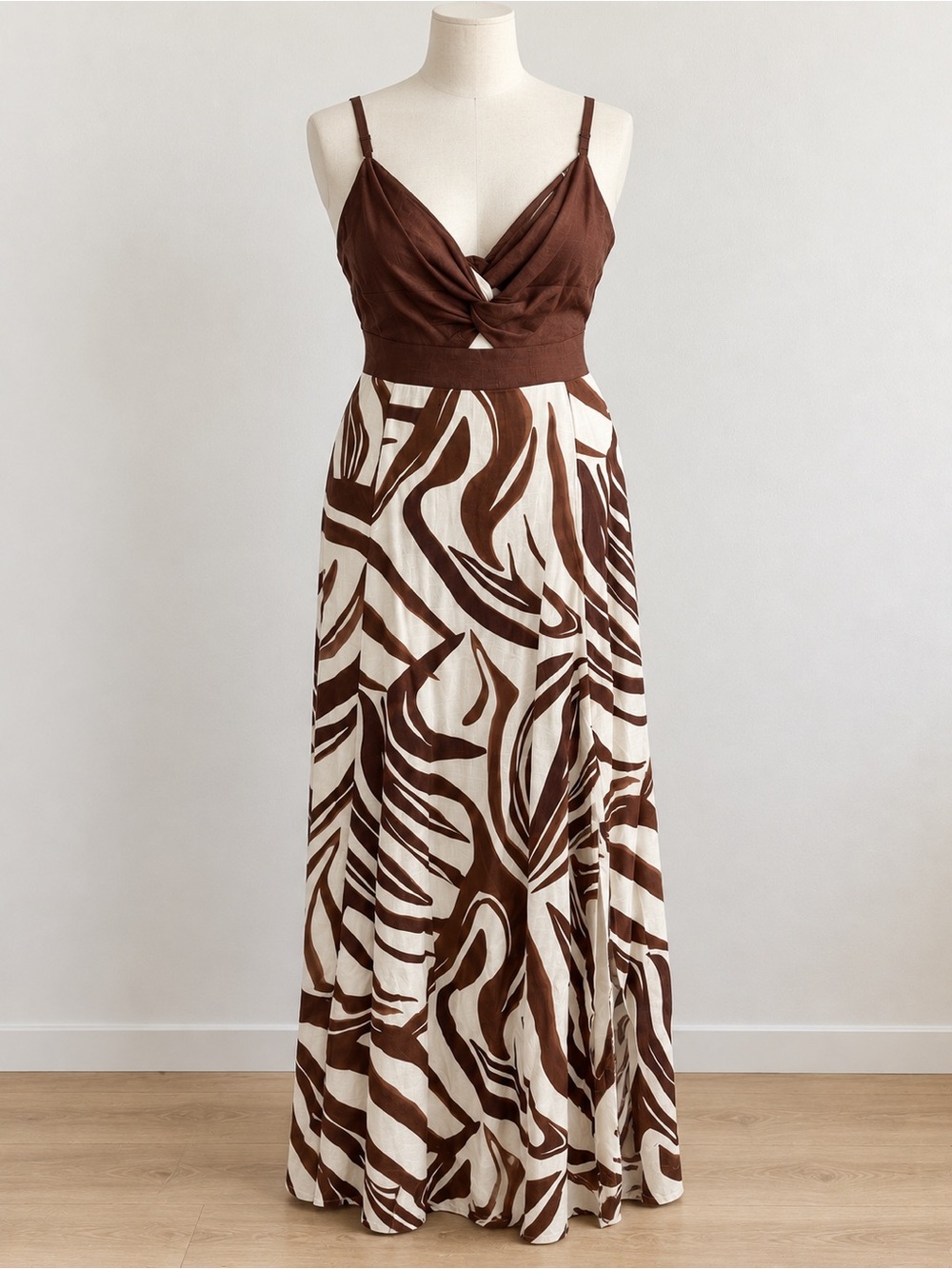 1.STATE Brown Ivory Cutout Tie Back Maxi Dress XL NWT